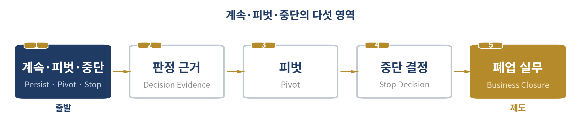 계속할 것인가, 피벗, 중단 — 이 장의 다섯 영역