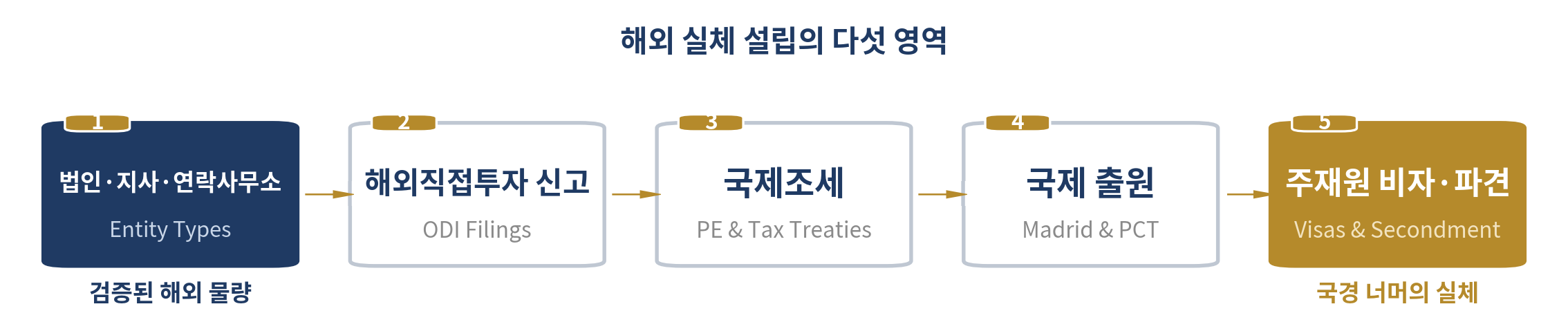 해외 법인·비자·조세·지식재산 — 이 장의 다섯 영역